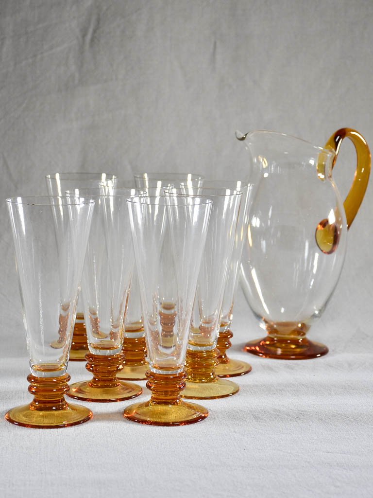 Amber Glass Pitcher Tumbler Set Vintage Gold Stripe Iced Tea Set