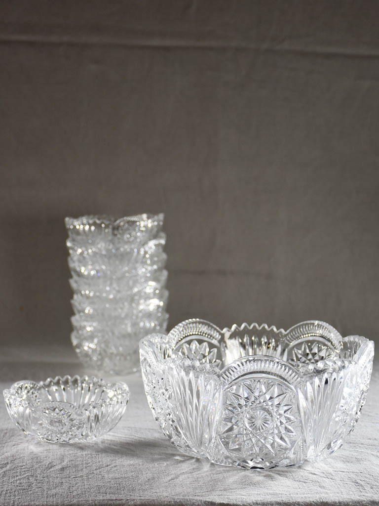 Vintage Scalloped Etched Cut Glass Salad Bowl Set 8 Pc 11”, 9”, 5.5”