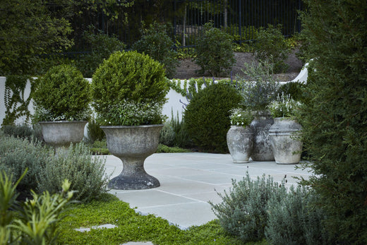 Mid century French garden planters stone house entryway