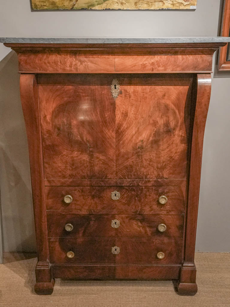 Refined French mahogany secretary with marble