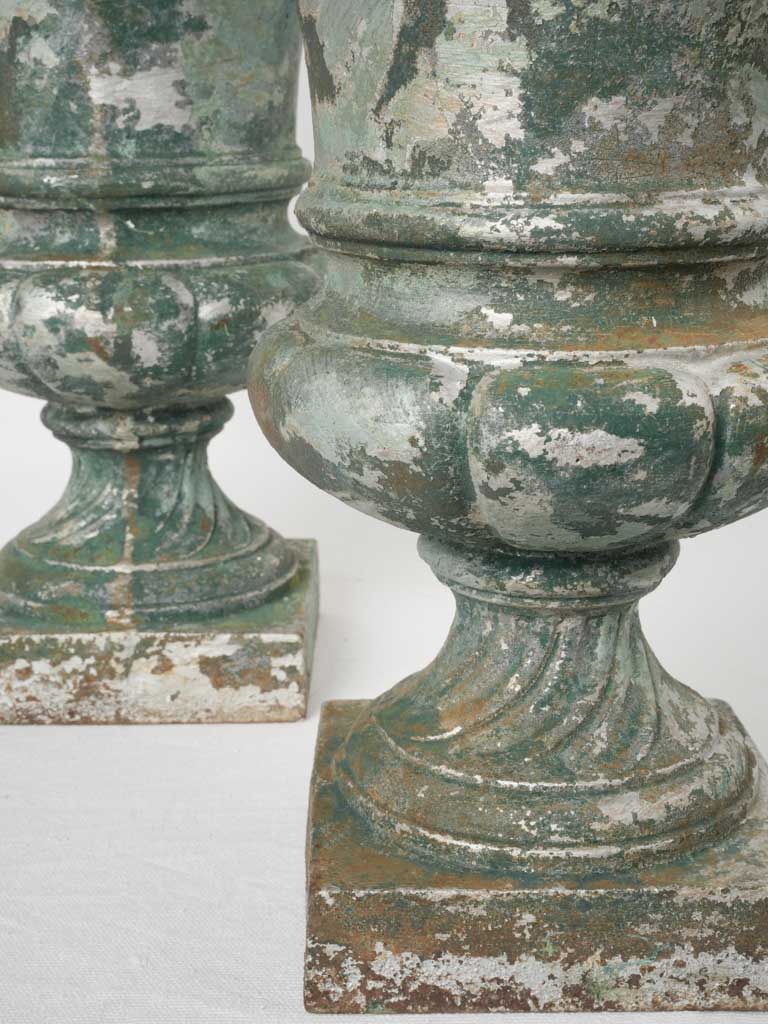 Pair of Mid-20th-Century Cast Iron Medici Urns w/ Foliate Border - 14½"