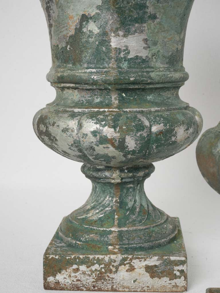 Pair of Mid-20th-Century Cast Iron Medici Urns w/ Foliate Border - 14½"