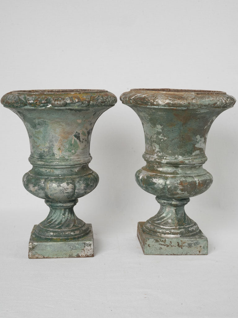 Pair of Mid-20th-Century Cast Iron Medici Urns w/ Foliate Border - 14½"