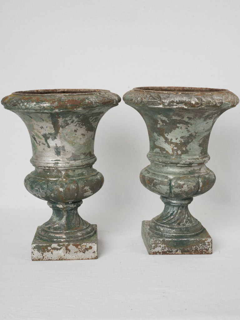 Pair of Mid-20th-Century Cast Iron Medici Urns w/ Foliate Border - 14½"