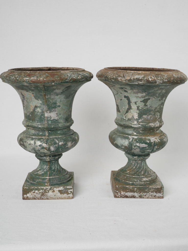 Pair of Mid-20th-Century Cast Iron Medici Urns w/ Foliate Border - 14½"