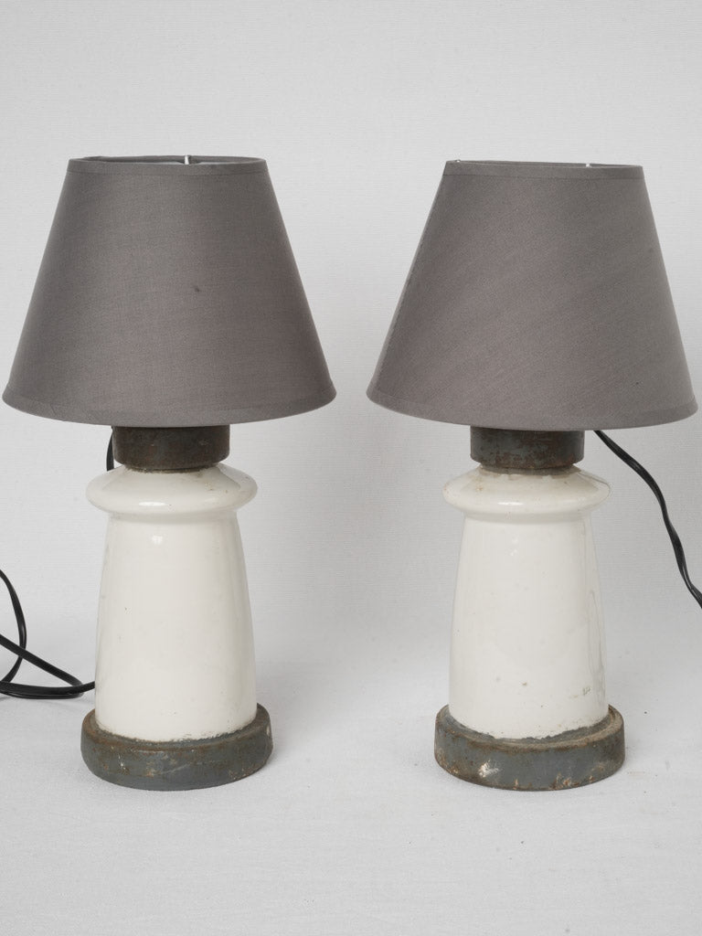 Pair 1950s French Industrial Ceramic Insulator Lamps w/ Brown Shades - 15¼"