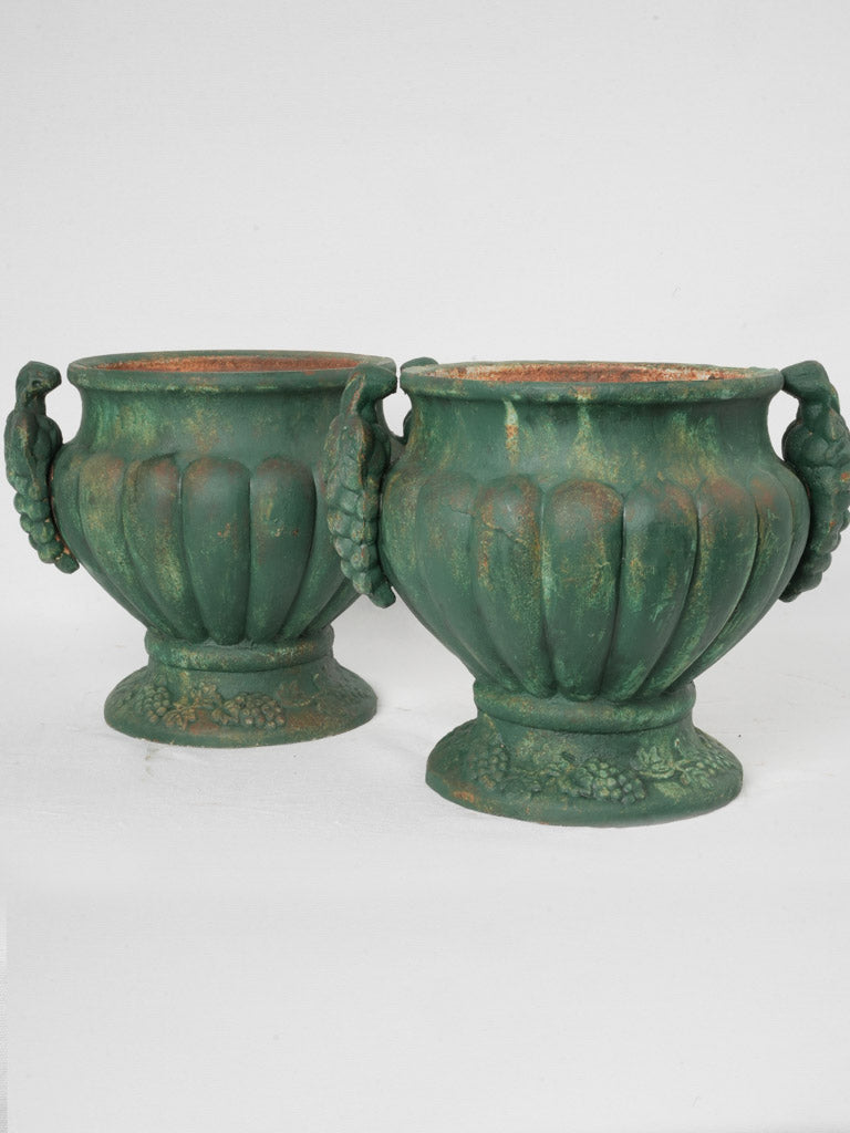 Pair of Antique French Cast Iron Planters w/ Green Patina & Vine Motifs - 11"