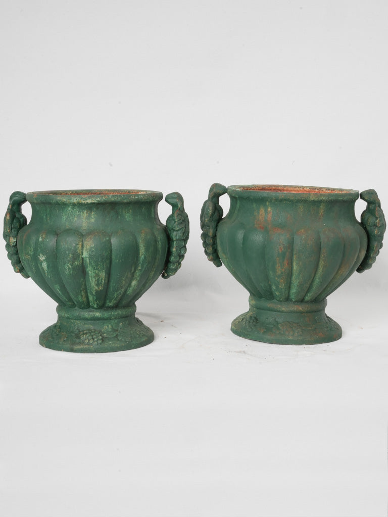 Pair of Antique French Cast Iron Planters w/ Green Patina & Vine Motifs - 11"