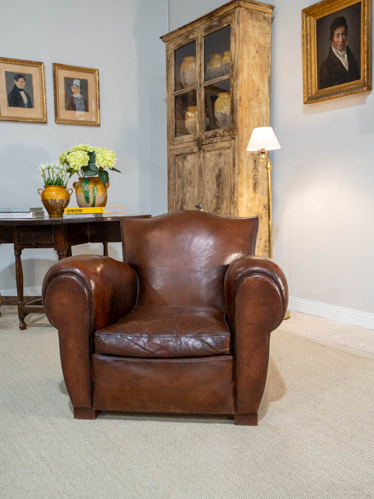 Pair of restored antique French leather club chairs