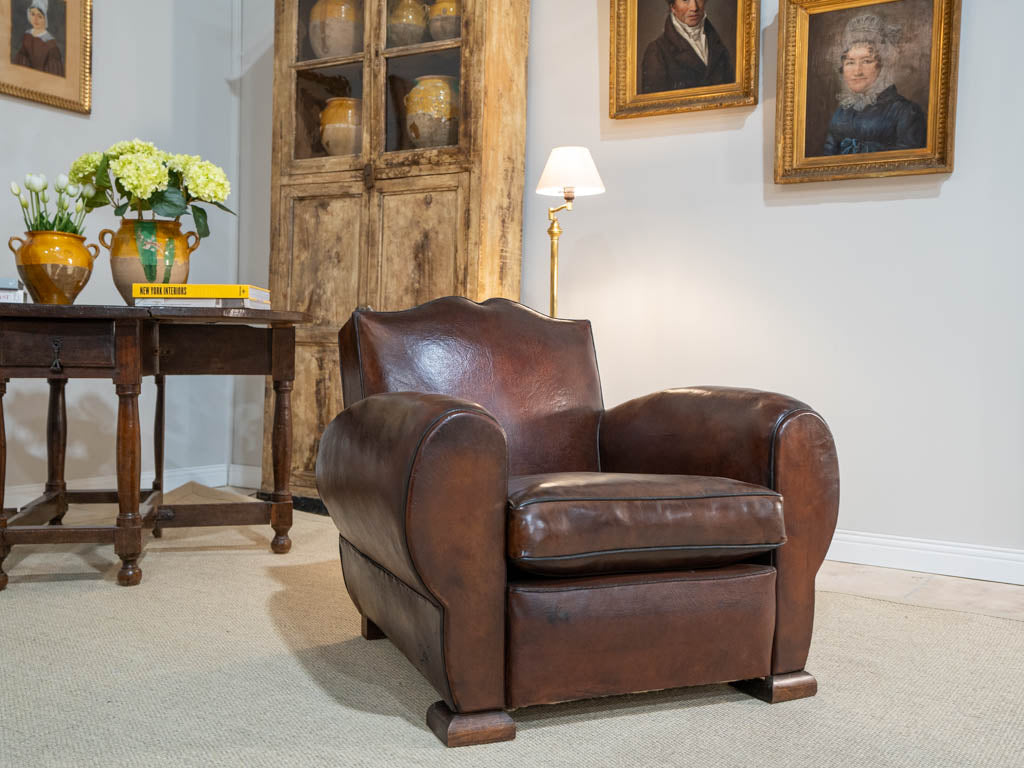 Antique French leather club chair - moustache back