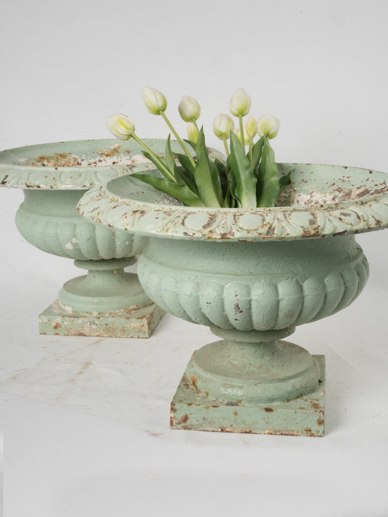 Pair of Late 19th-Century Cast-Iron Campana Planters w/ Sage Green Finish - 13"