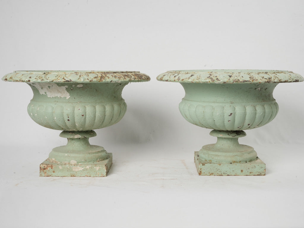 Pair of Late 19th-Century Cast-Iron Campana Planters w/ Sage Green Finish - 13"