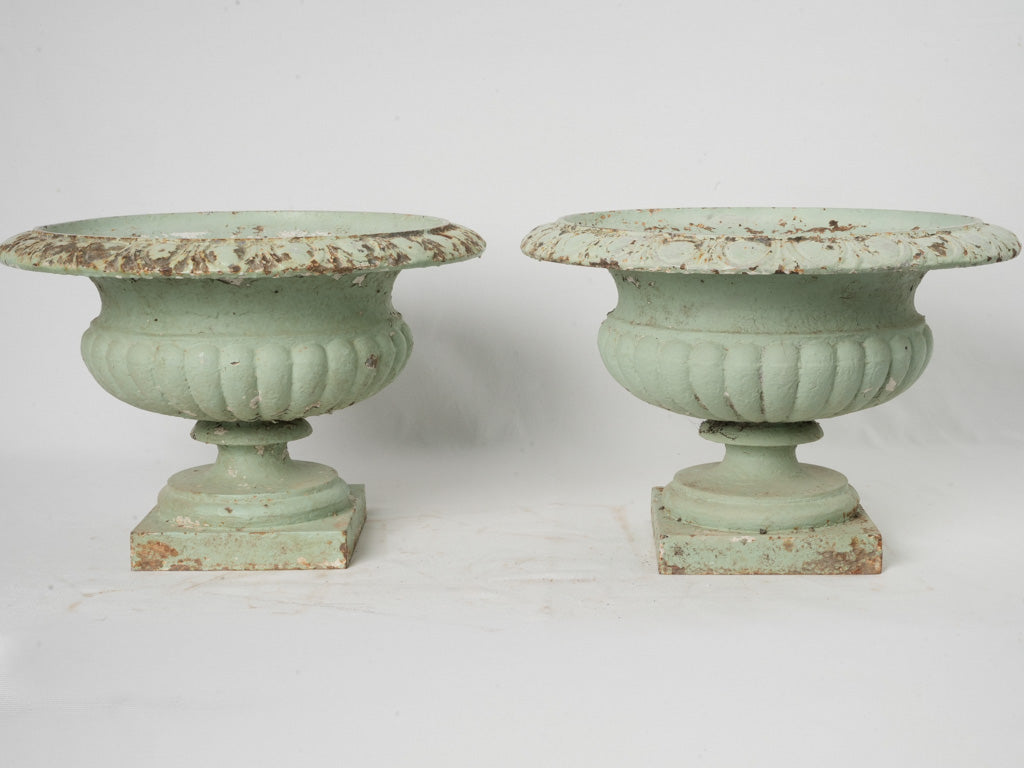 Pair of Late 19th-Century Cast-Iron Campana Planters w/ Sage Green Finish - 13"