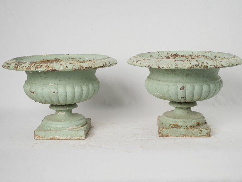 Pair of Late 19th-Century Cast-Iron Campana Planters w/ Sage Green Finish - 13"