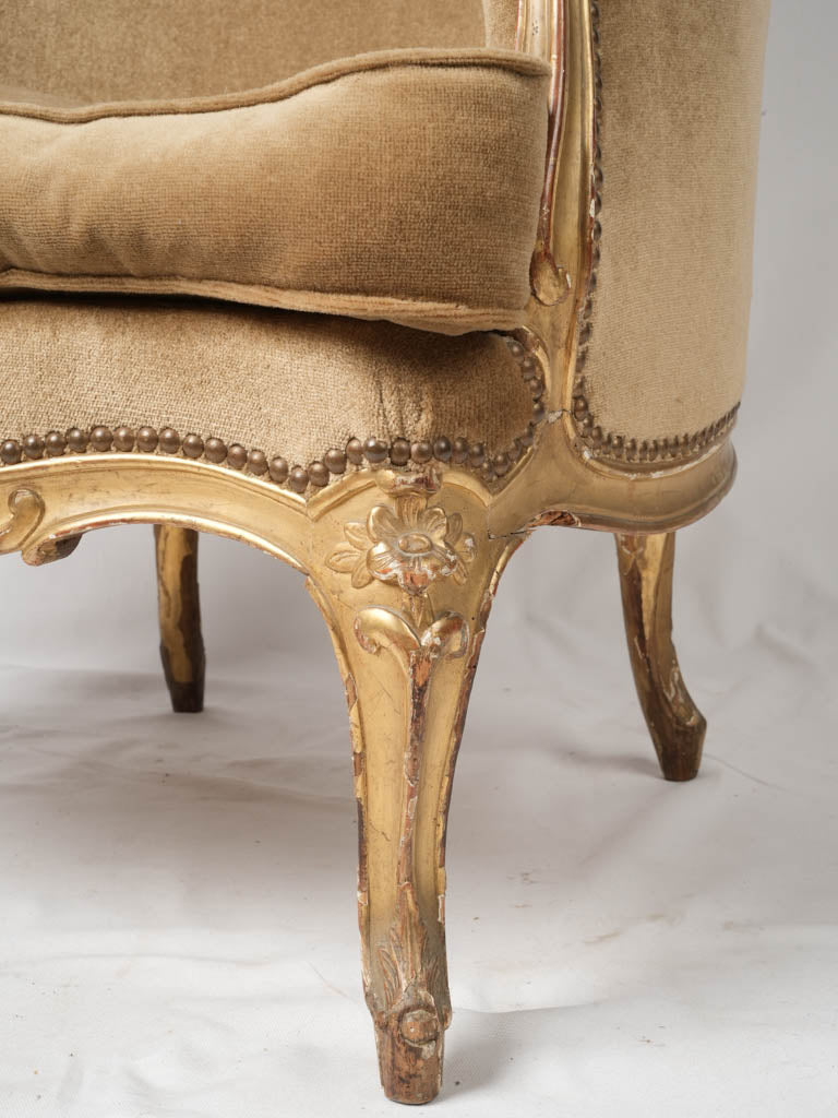 Lavish taupe velour bergere armchair