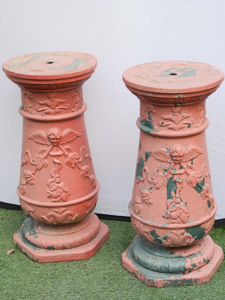 Pair of Vintage French Cast Iron Garden Pedestals w/ Red Patina - 27½"