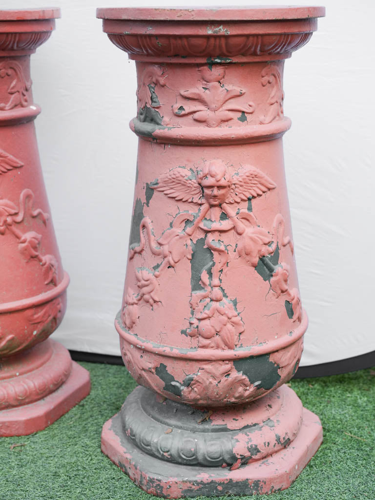 Pair of Vintage French Cast Iron Garden Pedestals w/ Red Patina - 27½"