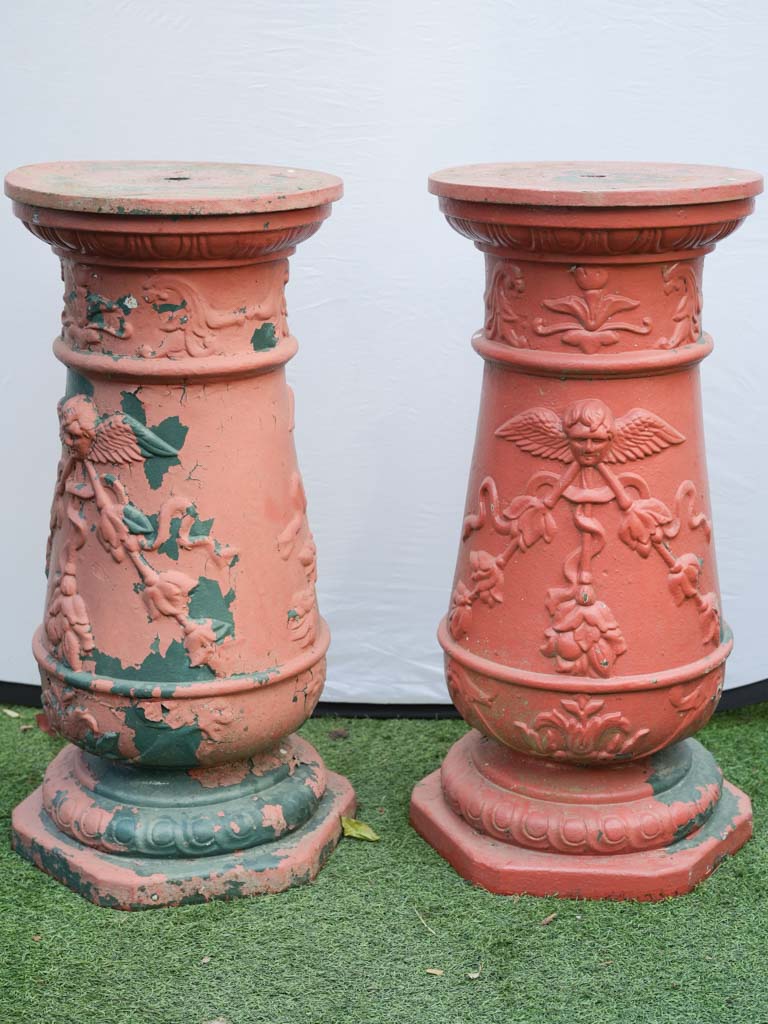 Pair of Vintage French Cast Iron Garden Pedestals w/ Red Patina - 27½"