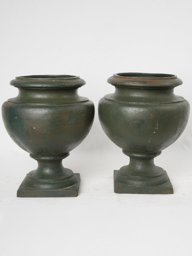 Pair of 1920s Cast Iron Urn Shaped Planters w/ Bronze Patina - 15¾"