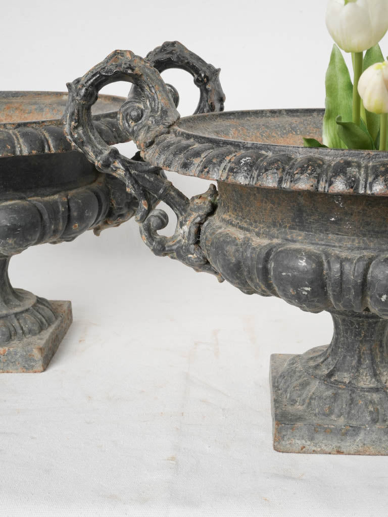 Pair of antique French Cast Iron Chambord Planters w/ Black Finish - 13¾"