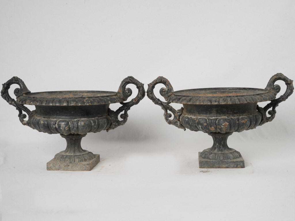 Pair of antique French Cast Iron Chambord Planters w/ Black Finish - 13¾"