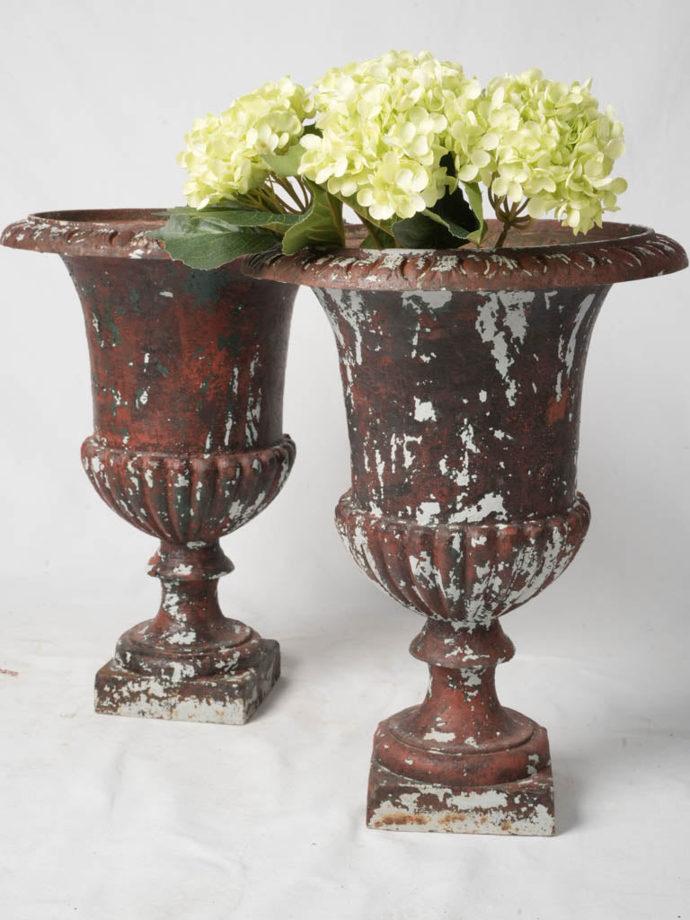 Late 19th-Century Cast-Iron Medici Urns In Distressed Red Paint - 21¼"