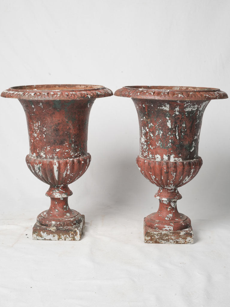 Late 19th-Century Cast-Iron Medici Urns In Distressed Red Paint - 21¼"