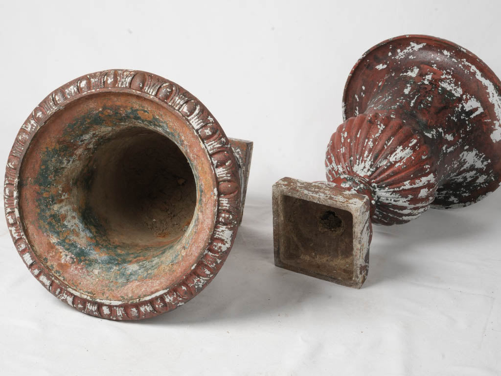 Late 19th-Century Cast-Iron Medici Urns In Distressed Red Paint - 21¼"