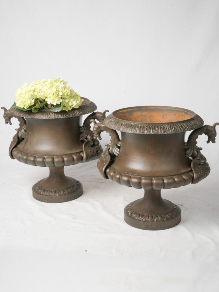 Patinated metal outdoor pots