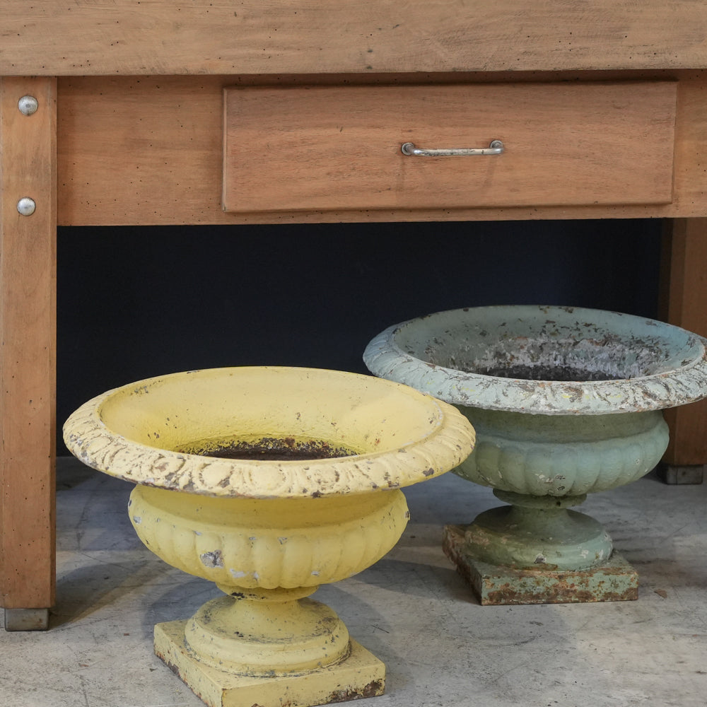 Pair of Late 19th-Century Cast-Iron Campana Planters w/ Sage Green Finish - 13"