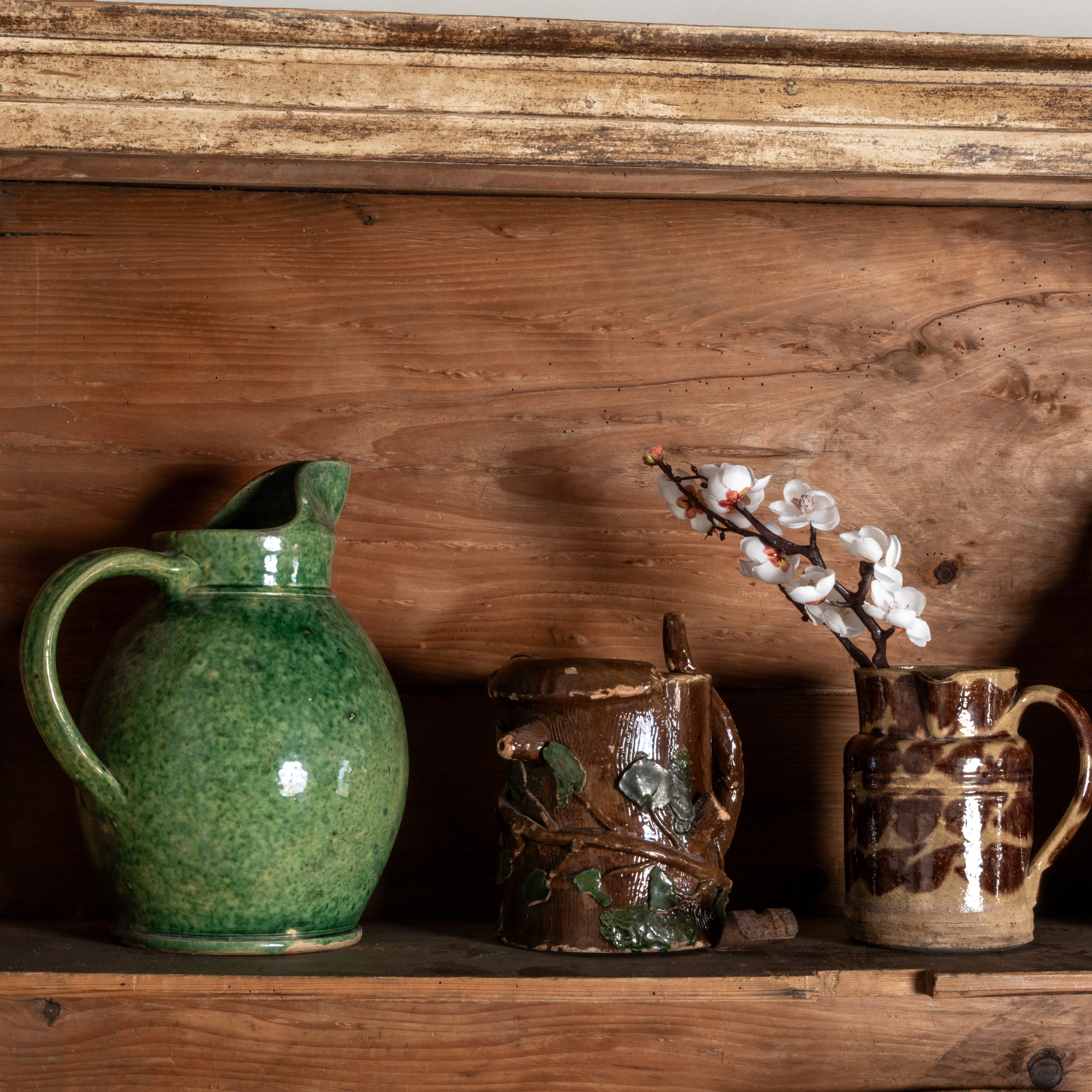 Large antique terracotta French green pitcher