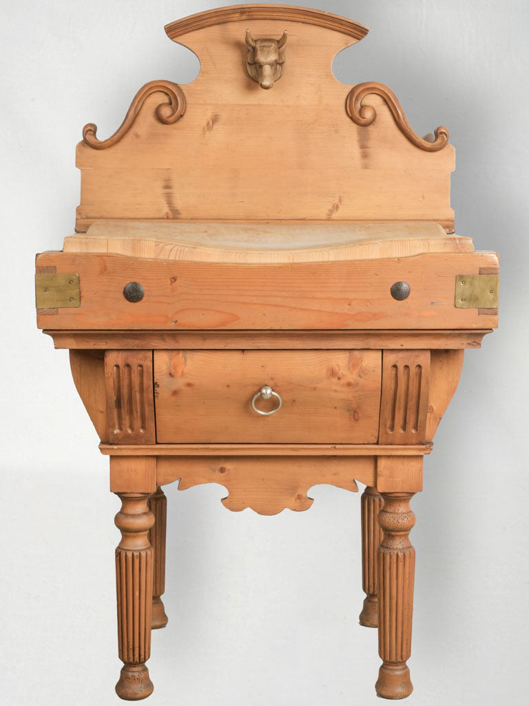 Decorative Pine Butcher's Block w/ Sculpted Bull's Head Pediment -55½"