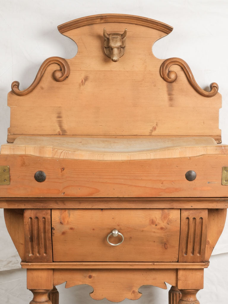 Decorative Pine Butcher's Block w/ Sculpted Bull's Head Pediment -55½"