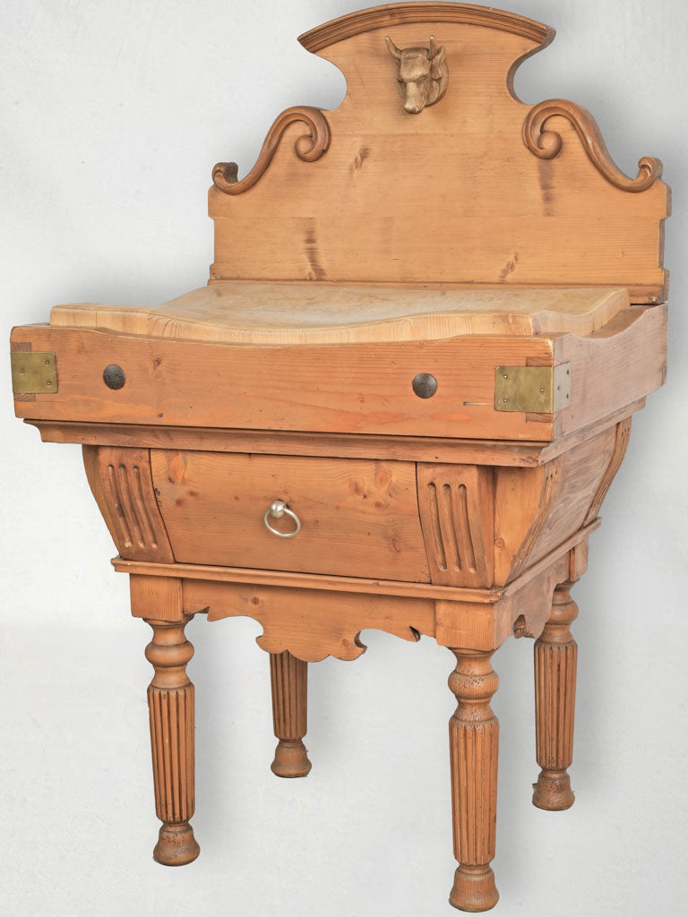 Decorative Pine Butcher's Block w/ Sculpted Bull's Head Pediment -55½"