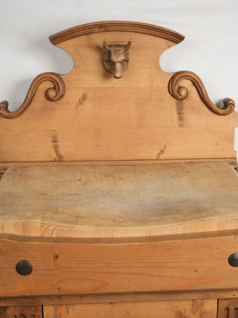 Decorative Pine Butcher's Block w/ Sculpted Bull's Head Pediment -55½"