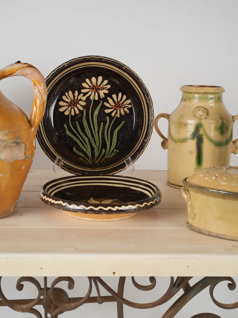 Rare 19th-century French glazed ceramic milk pot - green & yellow w/ red interior 11"