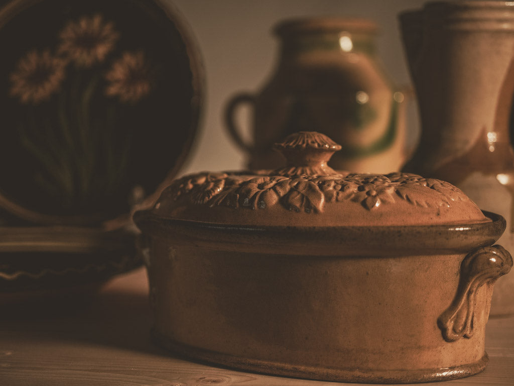 Antique terracotta tureen w/ yellow glaze & floral decorations - Provence 6¼"