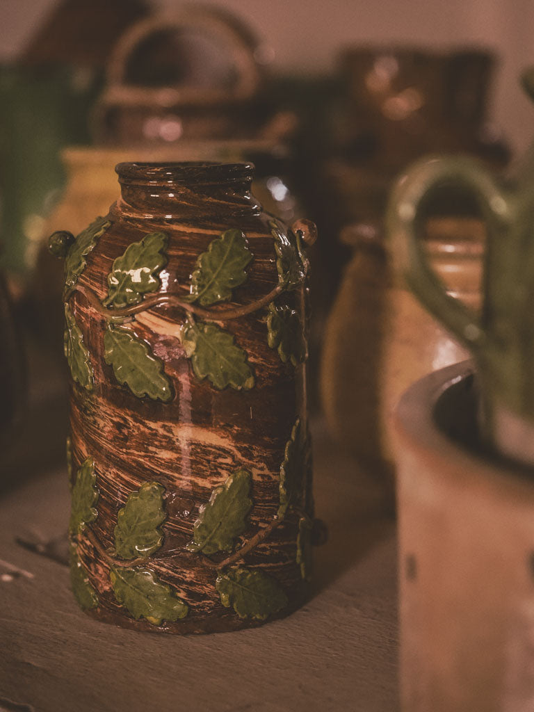 Rare antique French glazed terracotta vase w/ acorn & oak leaves 6¾"