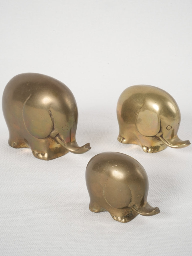 Family of 3 Charming Brass Elephant Sculptures / Paperweights