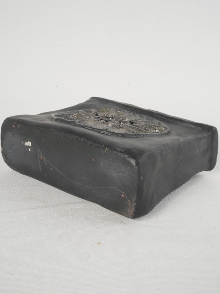 Vintage Rectangular Ceramic Vase w/ Black Glaze & Flower Motif 6"