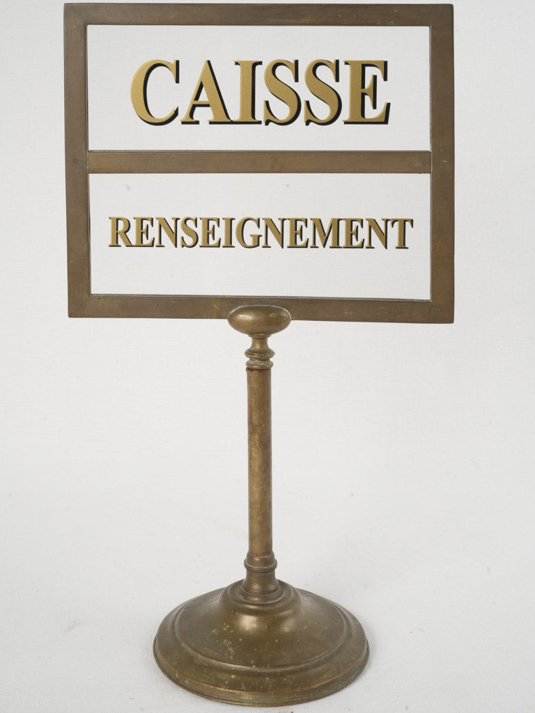 Early 20th-Century Parisian Glass Counter Sign on Brass Stand 17¼"