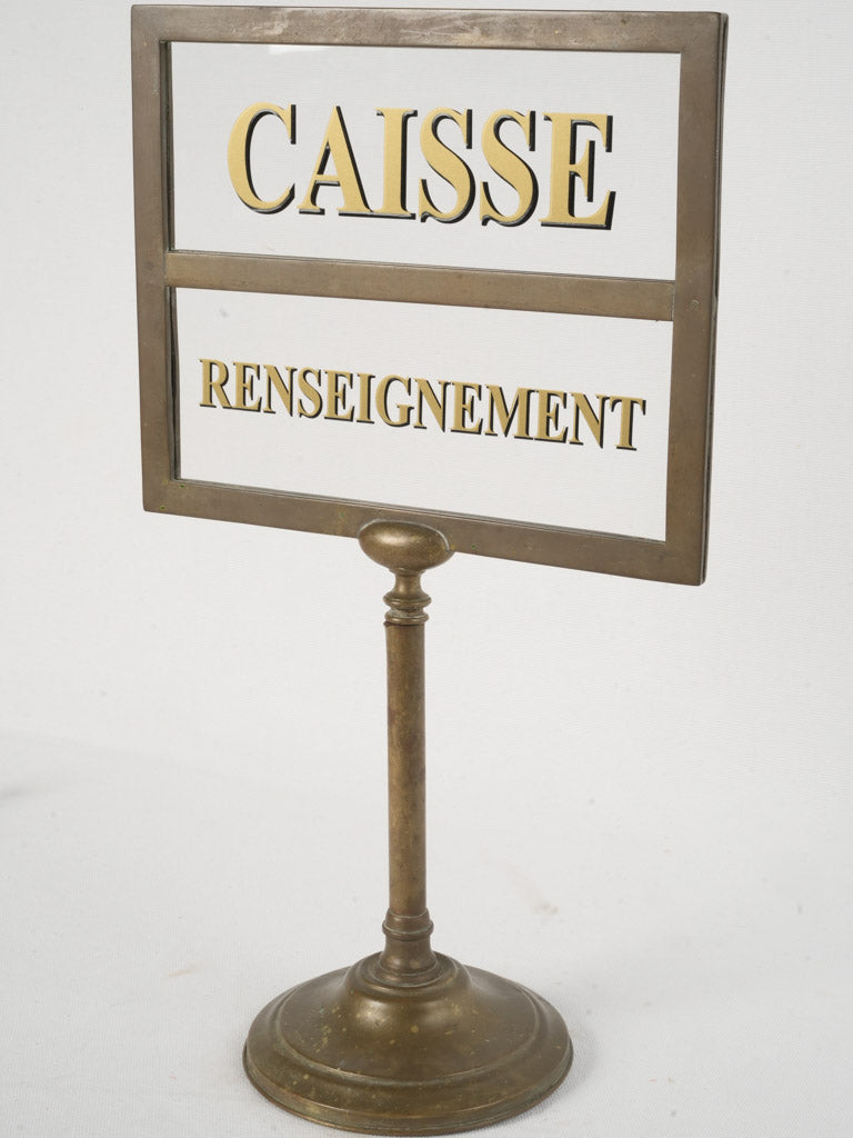 Early 20th-Century Parisian Glass Counter Sign on Brass Stand 17¼"