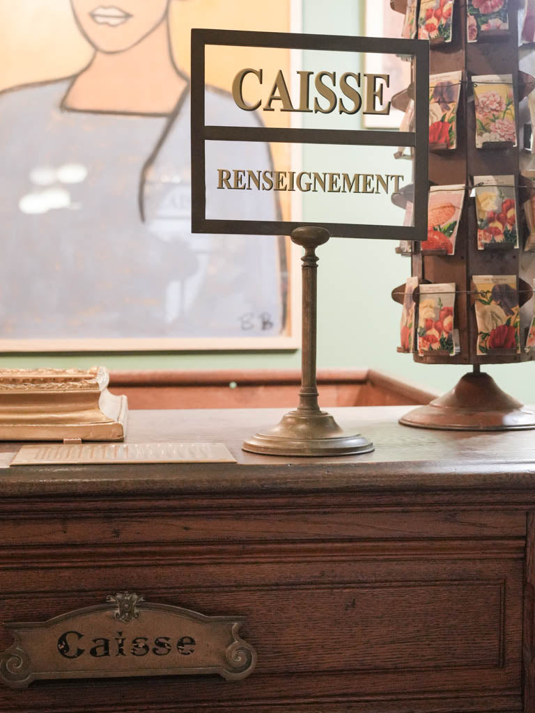 Early 20th-Century Parisian Glass Counter Sign on Brass Stand 17¼"