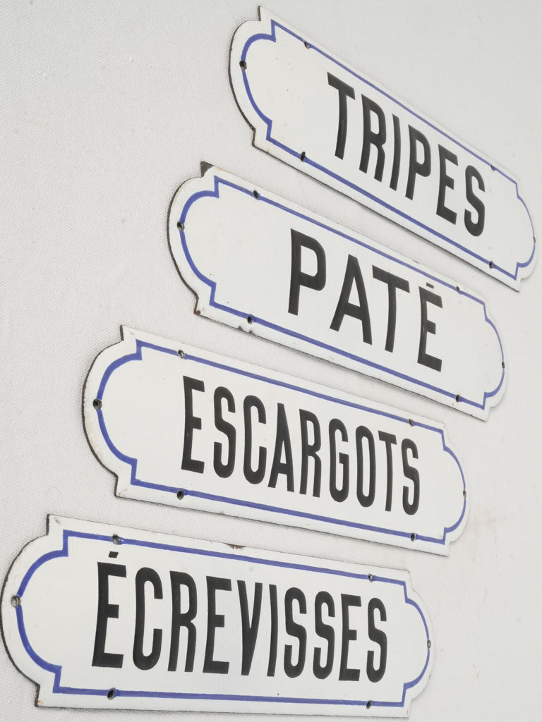 Antique French Enamel Épicerie Signs Set of Four 14¼" x 3½"