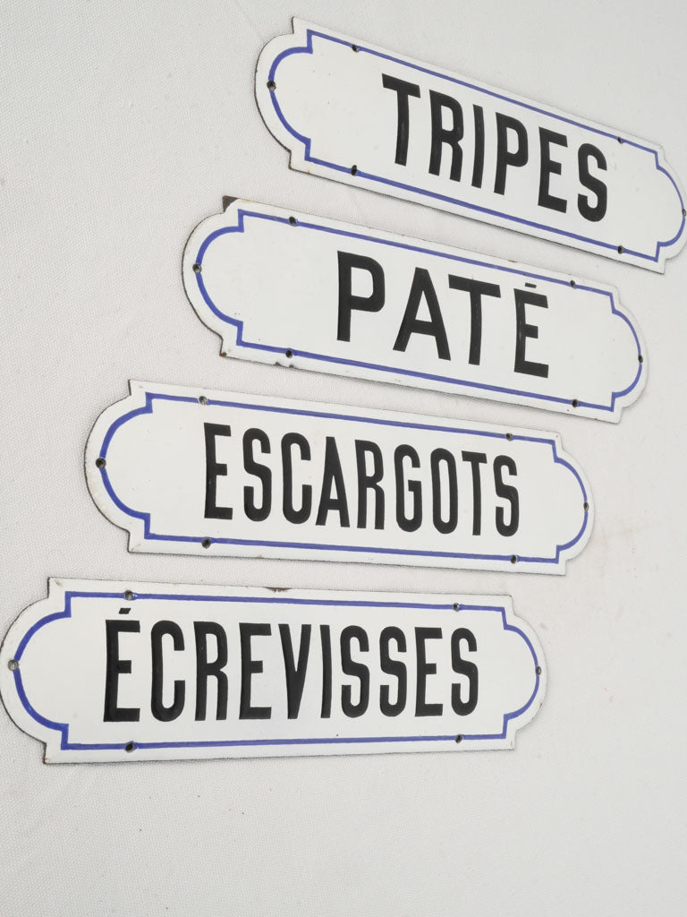 Antique French Enamel Épicerie Signs Set of Four 14¼" x 3½"