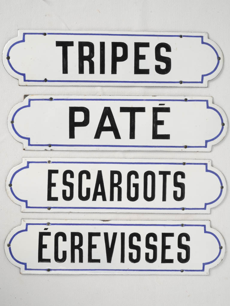 Antique French Enamel Épicerie Signs Set of Four 14¼" x 3½"