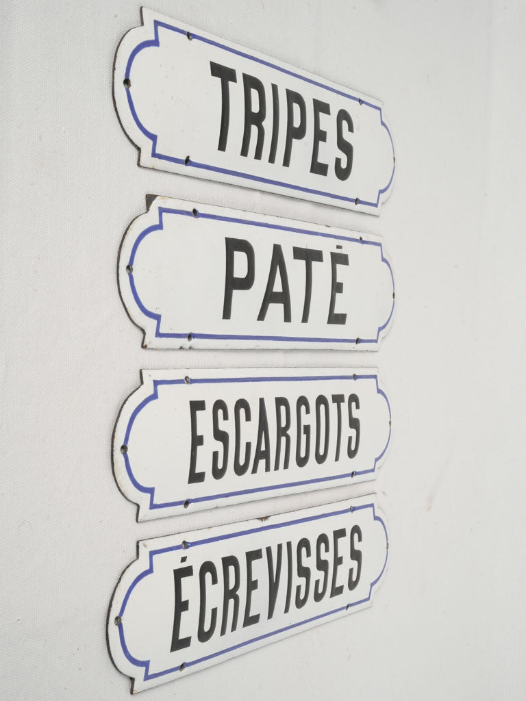 Antique French Enamel Épicerie Signs Set of Four 14¼" x 3½"