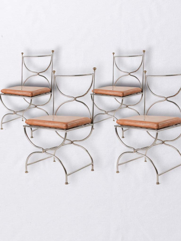 4 mid century Maison Jansen Curule chairs - chrome brass leather