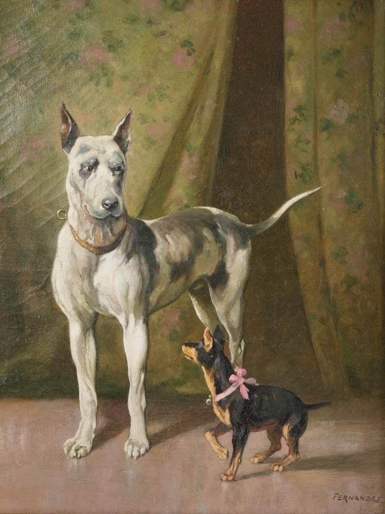 19th-Century Oil Painting of Two Dogs - Fernandez 24½" x 20¾"