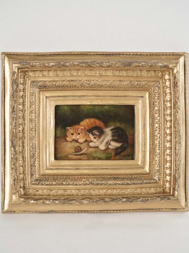 Charming Antique Oil Painting of Cats w/ Snail in Ornate Gilded Frame 12¼" x 14½"